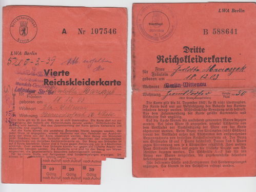 Dritte und Vierte Reichskleider Karte Berlin für Stoffe WK2