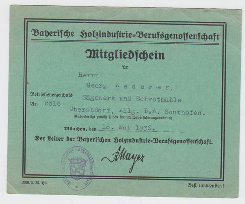 Bayerische Holzindustrie Berufsgenossenschaft Mitgliedschein Sonthofen 1936
