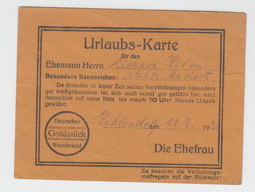 Urlaubs Karte für den Ehemann der Deutschen Goldstück Weinbrand um 1930
