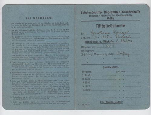 Sudetendeutsche Angestellten Krankenkasse Mitgliedskarte 1941