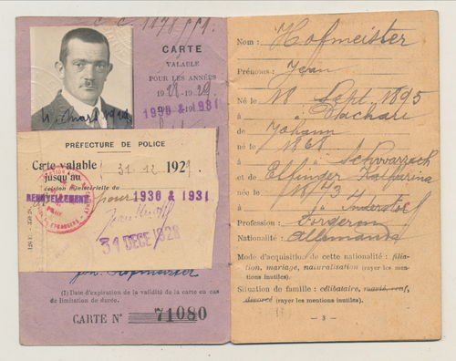 Französischer Ausweis Carte D´ Idente eines Deutschen aus Dachau 1928 - 1931