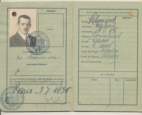 Deutsches Reich Reisepass Johann Hofmeister ausgestellt in Deutscher Botschaft Paris 1930