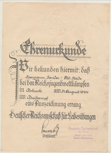 DRA Sport Urkunde Hermann Sander für Leibesübungen Reichsjugend Wettkämpfe in Stade 1924