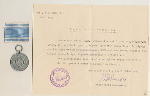 Bayern Urkunde & Medaille zur Dienstauszeichnung 3. Klasse deutsche Mil.Eisenbahn Dir. Bukarest 1918