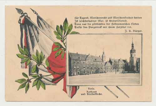 Patriotische militärische Postkarte Riesa Rathaus & Klosterkirche " Feldpost Karte von 1915