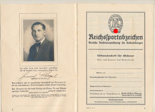 SS Urkunde Urkundenheft DRL Reichs Sportabzeichen für den SS & NSDAP Angehörigen Heinrich Schlegel
