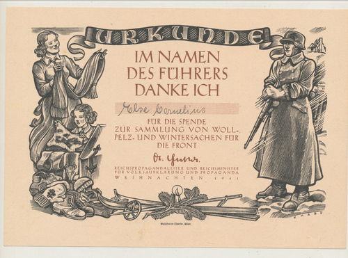 Urkunde WHW Spende Weihnachten 1941 zur Sammlung für Wintersachen für die Front