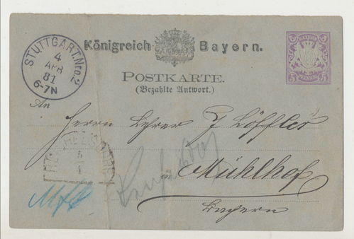 Königreich Bayern Original Postkarte Stuttgart aus dem Jahr 1881