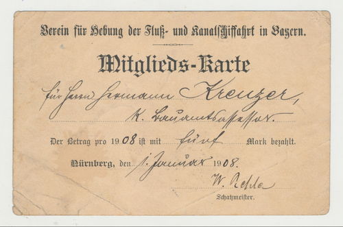 Mitglieds Karte Fluss und Kanal Schiffahrt in Bayern Postkarte Königreich Bayern 1908