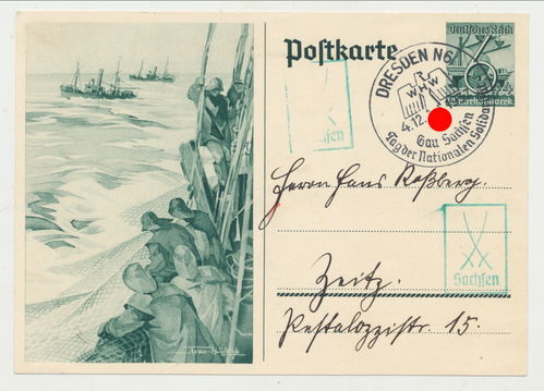 Kriegsmarine Motiv - Original WHW Winterhilfswerk Postkarte 3. Reich Poststempel Gau Sachsen 1937