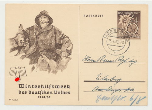 WHW Postkarte Winterhilfswerk 1938 / 39 Poststempel Merseburg 1939