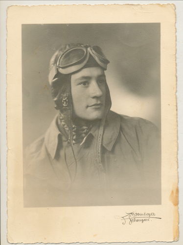 Deutscher Pilot Flieger Fliegerkombi Kopfhaube Fliegerbrille Original Portrait Foto signiert 1942