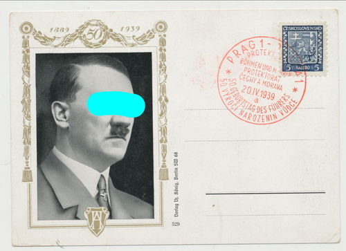 Postkarte Adolf Hitler zum 50. Geburtstag mit Poststempel aus Prag 1939