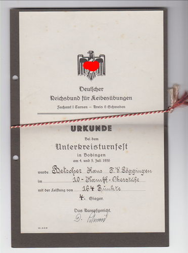 Deutscher Reichsbund für Leibesübungen Sieger Urkunde Kreis Turnfest Bobingen 1936