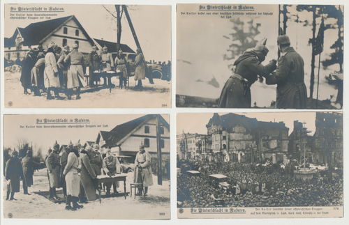 Die Winterschlacht in Masuren Der Kaiser beim Generalkommando vor Lyck - 4 Original Postkarten WK1