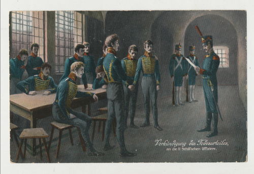 Verkündigung des Todesurteils an die 11 Schiffschen Offiziere - Original Postkarte Kaiserreich