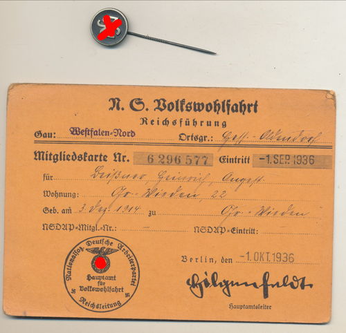 NSV Volkswohlfahrt Mitglieds Karte Ausweis mit Mitgliedsabzeichen Gau Westfalen Nord 1936