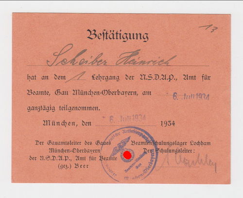 NSDAP Beamtem Lehrgang Karte Dokument Ausweis 1934 Gau München