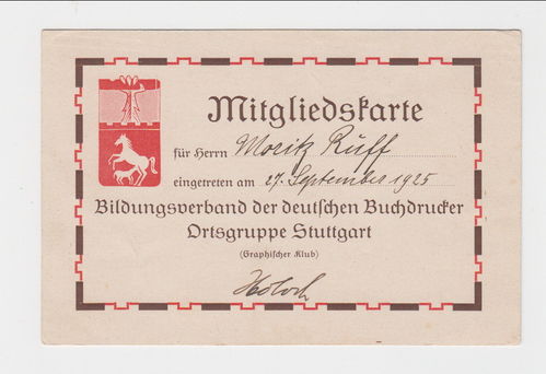 Mitgliedskarte Bildungsverband der deutschen Buchdrucker Ortsgruppe Stuttgart 1925