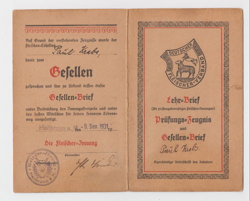 Lehr Gesellenbrief Deutscher Fleischer Verband Innung 1931