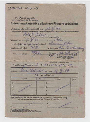 Betreuungskarte für obdachlose Flieger Geschädigte Flieger Bomben Angriff 1944