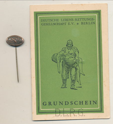 DRLG Deutsche Lebensrettungs Gesellschaft Ausweis Grundschein mit Abzeichen München 1934