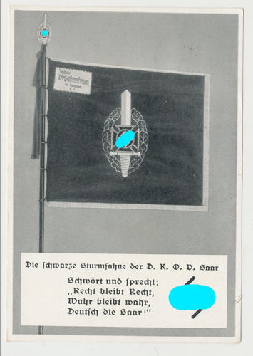 Die schwarze Sturm - Fahne der NSDAP NSKOV Saar Saargebiet - Original Postkarte von 1935