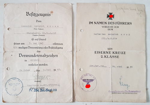 Urkunden EK2 Eisernes Kreuz 1939 & Verwundetenabzeichen AR218 mit OU General Lanz