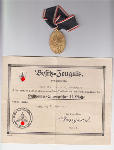 Urkunde & Kyffhäuser Medaille 1914/18 Besitzzeugnis zum Ehrenzeichen II. Klasse ausgestellt 1937