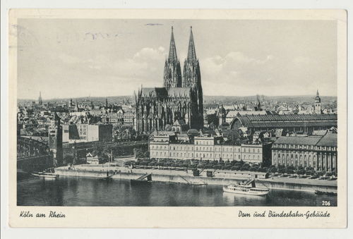 Köln am Rhein Dom und Bundesbahn Gebäude - Original Nachkrieg Postkarte Poststempel 1950