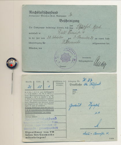 RLB Reichsluftschutzbund Mitgliedsabzeichen und 2 Bescheinigungen 3. Reich München West