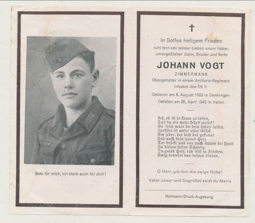 Sterbebild Johann Vogt Inhaber des EK2 gefallen am 28. April 1945 in Italien