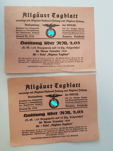 2x NSDAP Kreiszeitung Quittung für das Allgäuer Tagblatt 1939