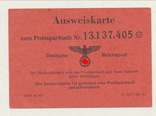 Ausweis Karte deutsche Reichspost zum Postsparbuch 3. Reich