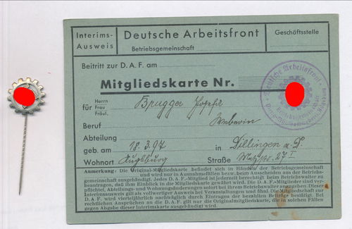 DAF Deutsche Arbeitsfront Mitglieds Karte Ausweis DAF Augsburg und Mitgliedsabzeichen 3. Reich
