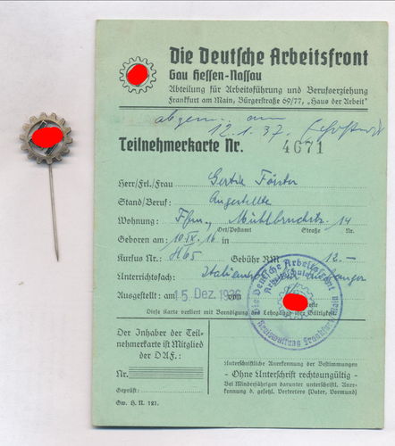 DAF Deutsche Arbeitsfront Mitglieds Ausweis und Mitgliedsabzeichen 3. Reich Gau Hessen Nassau