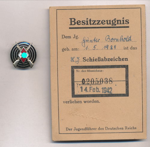 HJ Hitlerjugend Schiessauszeichnung Hersteller RZM M1/63 mit Besitzzeugnis Urkunde