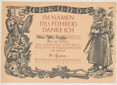 Urkunde WHW Sammlung Weihnachten 1941 für die Front