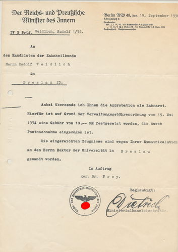 Dokument zur Approbation zum Zahnarzt Weidlich an Universität Breslau von Ministerium Berlin 1936