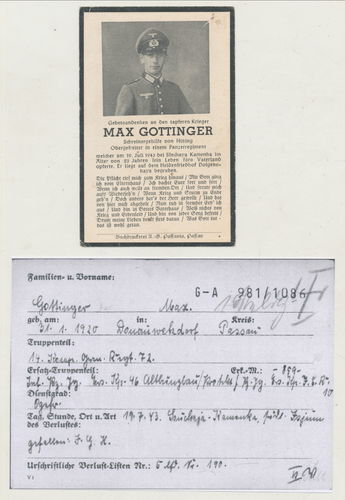 Sterbebild Max Gottinger Passau Gren Rgt 72 Panzerjäger E.Kp IR10 gefallen Kamenka 1943 HISTORY