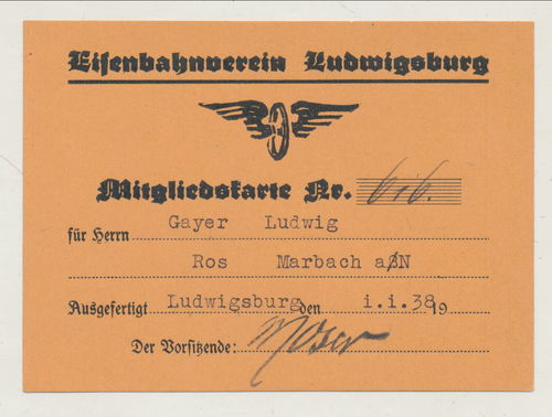 Mitglieds Karte Eisenbahn Verein Ludwigsburg 1938