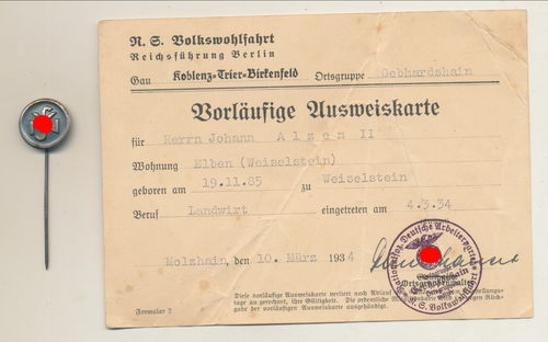 NSV Volkswohlfahrt Mitglieds Karte Ausweis mit Mitgliedsabzeichen Ortsgruppe Gebhardshain Molzhain