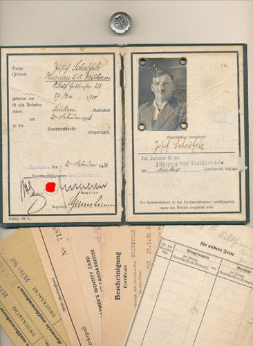 Bäcker Bäckerei Schröfele Murnau Handwerks Karte Handelskammer & Mitglieds Abzeichen um 1936