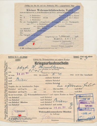 Kriegs - Urlaubschein & kleiner Wehrmachts Fahrschein von 1944