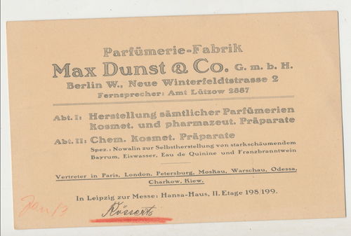 Werbe Karte Parfümerie Fabrik Max Dunst Berlin Postkartenformat um 1900/1920