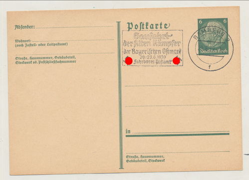 Deutsches Reich Postkarte mit Sonder Stempel " Gaufahrt der alten Kämpfer bayr Ostmark 1939 SA / SS