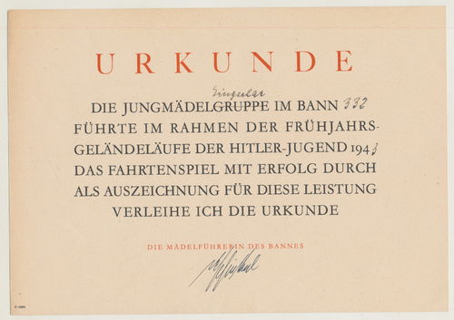 Urkunde BDM Bund deutscher Mädel HJ Hitlerjugend Bann 332 von 1943