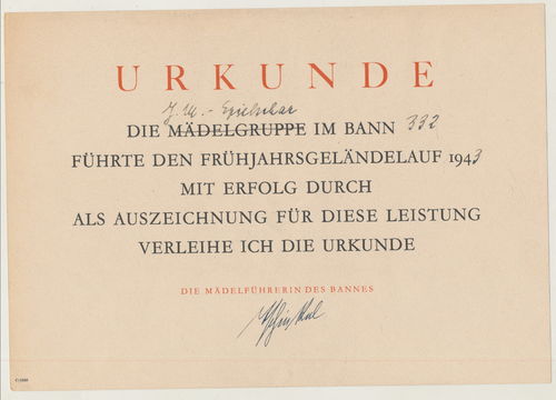 Urkunde BDM Bund deutscher Mädel Jungmädel HJ Hitlerjugend Bann 332 von 1943