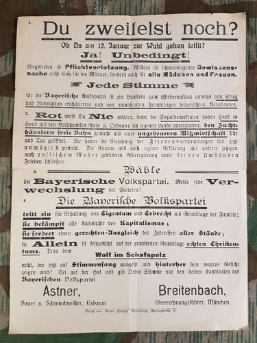 Propaganda Blatt Flugblatt zur Wahl bayerische Volks Partei 1919