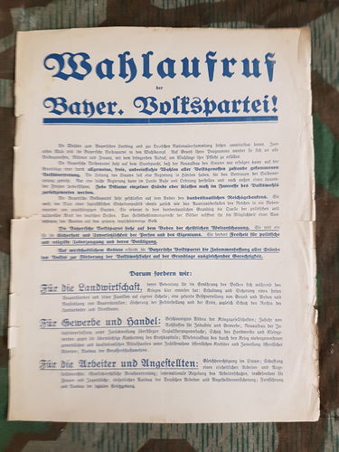 Wahl Propaganda Blatt Flugblatt der bayerischen Volkspartei zur Reichtagswahl 1919